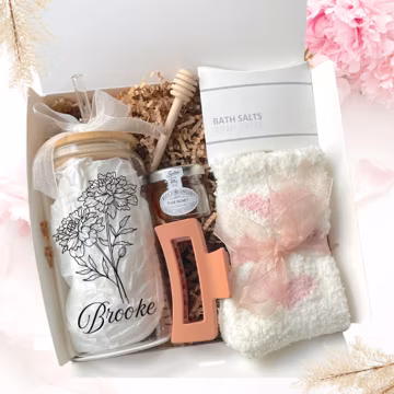 Self care box with Personalized birth flower tumbler with Name, Cozy Socks and Spa Essentials