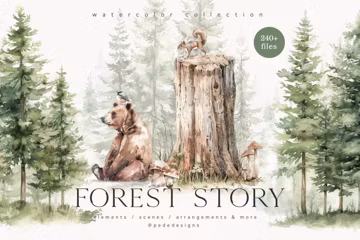 Watercolor Forest Story Collection, woodland clipart, forest animals graphics, wild landscape, wedding elements, nursery png, download
