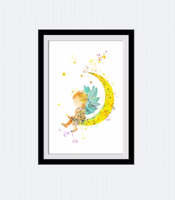Boys room wall art, cute angel print, angel on the moon, baby boy gift, baby shower gift, blue teal yellow colors, boys room art print W745
