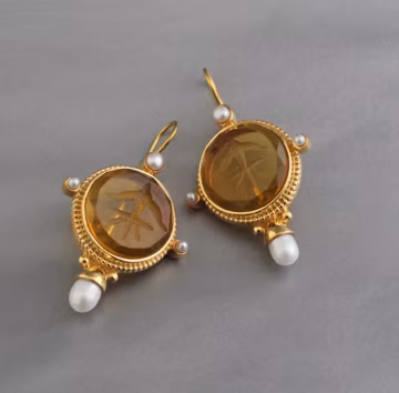 Yellow Glass Intaglio Earrings, gold earrings gift for mom, vintage styles wedding earrings, gold statement earring