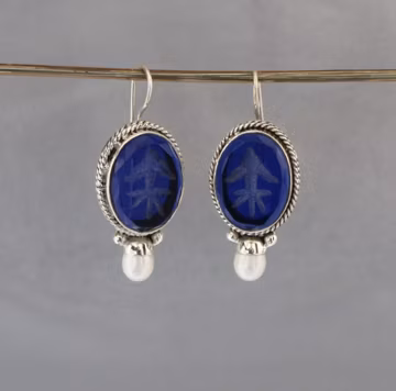 Intaglio Blue Glass Earrings, Sterling Silver Victorian Art Deco Jewelry, Gift for anniversary
