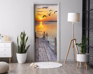 Sunset On The Lake Door Sticker, Self-Adhesive Cover, Landscapes Door Mural, Brown Door Decals, Office Door Stickers