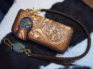 Carved Leather Mens Biker Wallet Chain Floral Tooled Leather Bifold Wallet Western Cowboy Wallet Gift for Him Gift for Men Gift for Dad