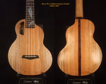 Handcrafted Soprano Ukulele, Solid Taiwania Archback, Turtle Inlay, Soft-bag, Bruce Wei UKB13-2002