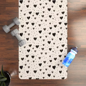 Rubber Yoga Mat - Ivory with Black Hearts, Modern and Trendy, Suede Top Exercise Mat, Non-Slip Workout Pad, Fitness Equipment, Meditation