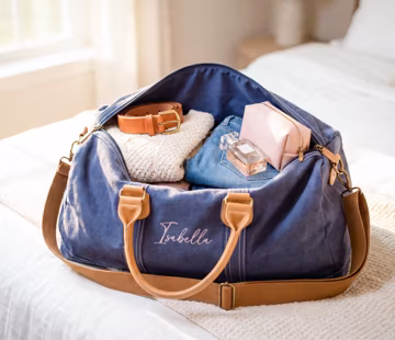 Monogrammed Women's Travel Duffle Bag, Custom Indigo Canvas & Vegan Leather Weekender