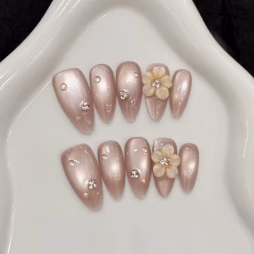 Pink Cat Eye Press on Nails, 3D Floral & Water Droplet Almond Fake Nails, Shimmering Crystal Flower Manicure, Reusable Set
