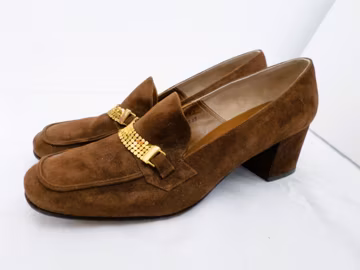 Vtg 1960s LORD & TAYLOR Suede Loafers Newton Elkin Chunky Block Heels Square Toe Mod Pumps Gold Bling Leather Sole Uppers Brown OOAK