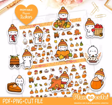 Tiny Puppet Autumn, Fall Printable Planner Stickers, Thanksgiving Stickers, Bullet Journal Stickers