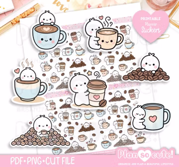 Tiny Puppet Coffee Time Stickers, Printable Planner Stickers, Bullet Journal Stickers, Printable PRINTABLE