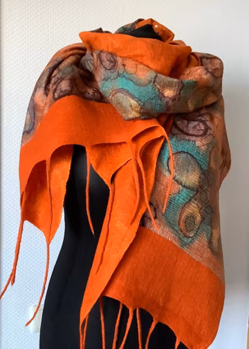 Nuno Felted Scarf: Orange Merino Wool Mandala Shawl