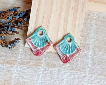 Small bright colors ceramic earring charms, 2pcs Handcrafted artisan dangle rhombus pendants of porcelain