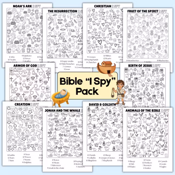 Christian I Spy Activity Packet Bible Story Search and Find Worksheets Religous Sunday School Activity Pages Jesus Puzzle Sheets for Kids