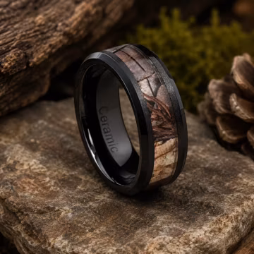Personalized Black Ceramic Wedding Ring 8mm Forest Camo Inlay Band, Custom Engraved Wedding Band, Camouflage Promise Ring, Anniversary Gift