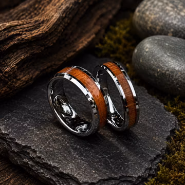 Personalized Tungsten Carbide Wood Inlay Ring, Custom Engraved 8mm or 6mm Beveled Edge Wedding Band, Rustic Promise Ring for Couples Gift
