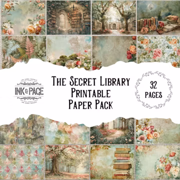 The Secret Library Printable Paper Pack Mixed Media and Collage Watercolor Background Pages Enchanted Books