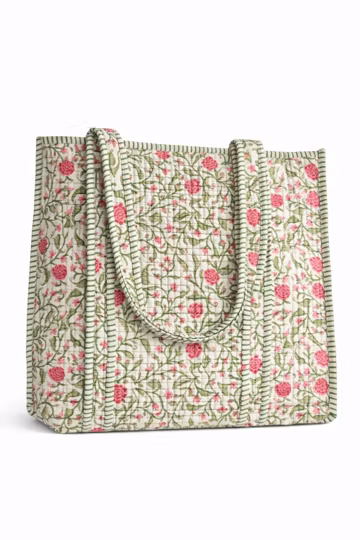 Hand Block Print Quilted Cotton Tote Bag, Reversible Floral Shopper