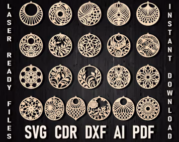 Circle earrings laser cut svg glowforge design, Earrings circle necklace pattern laser cut templates for women wooden jewelry, boho earring