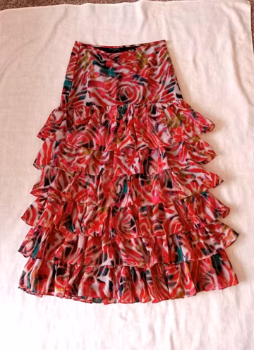Tunique Layered Ruffled Maxi Skirt/Sheer Multi Colored Ruffles Black Base/Size M Zipper