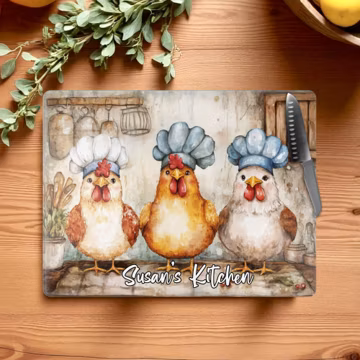 Personalized Farmhouse Chicken Glass Cutting Board: Country Kitchen New Home Decor, Birthday Gift Her