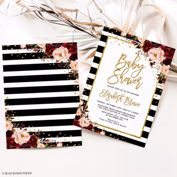 Glam Baby Shower Invitation, Burgundy Blush Floral Invite, Glamourous Black and Gold Party, Paris Editable Template, Corjl Download, FLO22