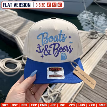 Boat & Beers Embroidery File for Hat, Summer Lake Trucker Cap Design, Boat Life Embroidery, Vacation Beer Lover Hat Digital Download PES DST