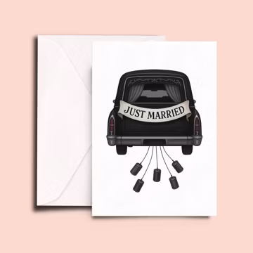 Gothic Just Married Card – Black Hearse Wedding Greeting – Alternative Wedding Card – Spooky Goth Newlywed Card for Horror Lovers