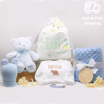 Newborn Baby Bear Gift Set: Onesie, Blanket, Hat & Teddy Bear