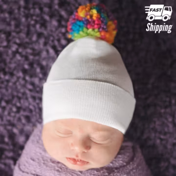 Rainbow Pom Pom Newborn Hat: Double-Ply White Hospital Beanie