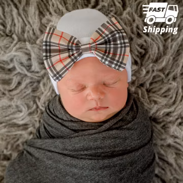Newborn Girl Hospital Hat: Handmade White Beanie with Fall Plaid Bow