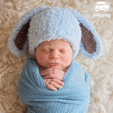 Blue Bunny Hat: Handmade Newborn Boy Beanie with Brown Ears