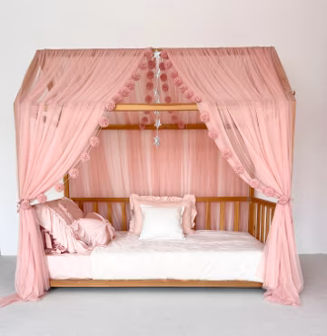 Custom Blush Tulle Canopy Curtains for Montessori House Bed
