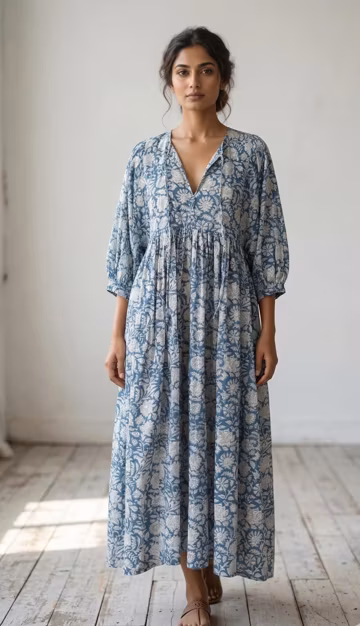 Handblock Print Cotton Midi Dress with Pockets | Blue Indian Floral Boho Dress | Breathable Summer Dress | Artisan Crafted | Gift For Her