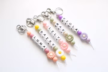 Personalised Beaded Name Keyring, Flower Bag Tag