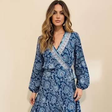 Boho Wrap Dress Midi – Blue Paisley Dress – Long Sleeve Bohemian Dress – Flattering Wrap Dress – Summer Midi Dress – Holiday Day Dress