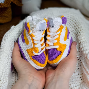 Baby Jordan-Style Booties, LA Basketball Team Colors Baby Sneakers, Soft Organic Crochet Newborn Booties, Baby Girl/Boy Custom Outfit Gift