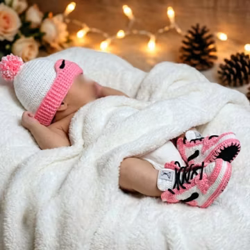 Crochet Pink Baby Girl Jordan Sneakers - Newborn Set - Baby Girls First Birthday - Chic Baby Beanie & Booties - Basketball Fan Newborn Gifts