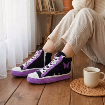 Purple Black Butterfly Crochet Sneaker Slippers, High Top House Womens Shoes, Zippered Non Slip Plush, Cozy Comfort Statement Indoor Boots