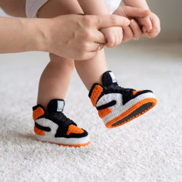 Crochet Baby Jordan Sneakers - Gender Neutral Orange Booties - Basketball-Themed Newborn Shoes - Soft Cradle Socks - Unisex Baby Shower Gift