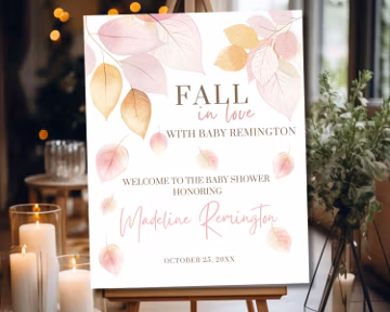 Fall in Love Baby Shower Welcome Sign, Autumn Leaves, Editable Autumn Baby Shower Sign, Pink Gold Leaves Sign, Pink Gold Baby Shower Sign