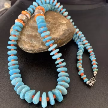 Navajo Natural Turquoise & Spiny Oyster Necklace | Sterling Silver | Authentic Native American | 29" | 13232