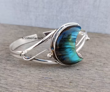 Handmade Labradorite Sterling Silver Bangle, Adjustable Gemstone Bracelet