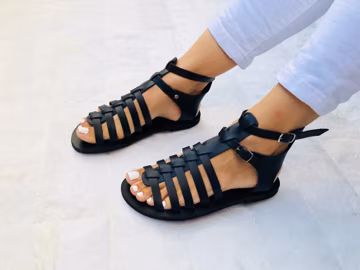 Black Gladiator Sandals, Leather Sandals, Greek Summer Shoes, Made in Greece