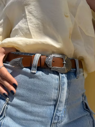 Boho Belt, Western Buckle Belt, Leather Belt, Engraved Silver Buckles, Handmade in Greece
