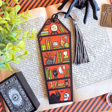 Coffin Shaped Bookmark: Halloween Page Marker with tassle - Original Art by Lydia Jean Art