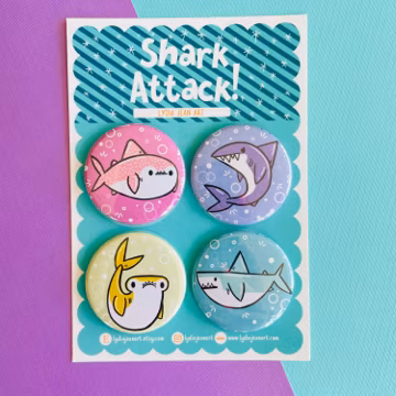 Cute Shark Buttons | Shark Magnets | Neon Sharks | Rainbow Fish | shark gift | shark pin | Original Art by Lydia Jean Art