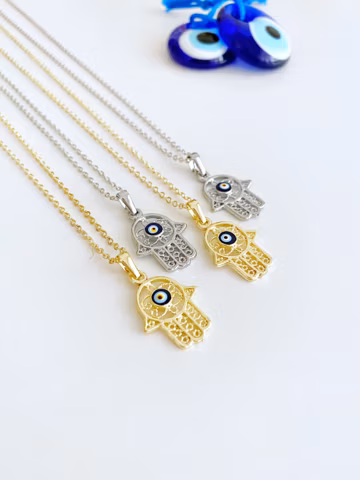 Hamsa Evil Eye Necklace, Gold Silver Hamsa Necklace, Evil Eye Jewelry, Hamsa Evil Eye Charm, Kabbalah Jewish Gift, Protection Necklace