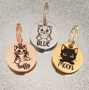 Tiny CUTE 20mm or 25mm cat kitten ID tags laser engraved, stainless steel available in silver, gold and rose gold. Most breeds available.