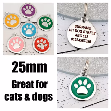 Quality coloured paw or heart dog or cat ID tag, laser engraved.