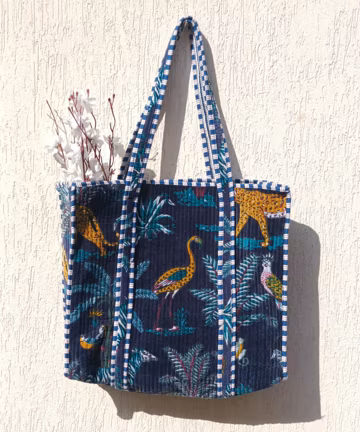 Handmade Velvet Tote Bag: Blue Safari Print Quilted Shoulder Bag